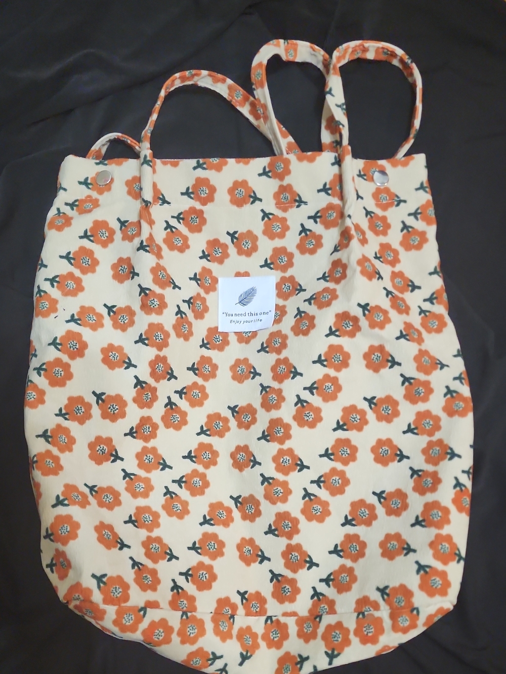 Cream Floral Tote Bag with Orange Bloom Print